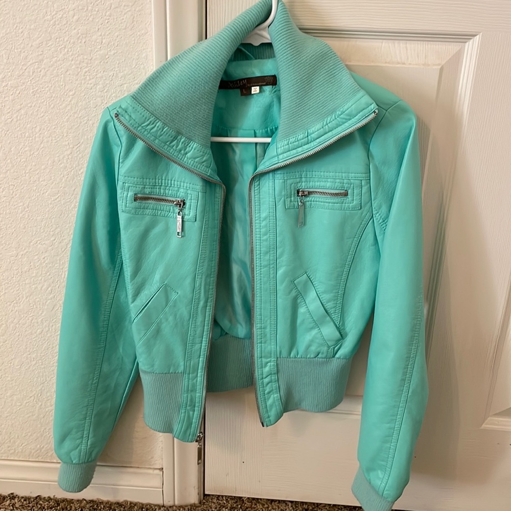 teal leather jacket